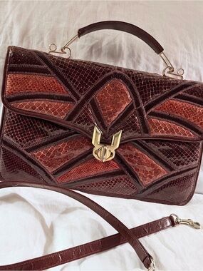 Patchwork Textured Top-Handle Satchel in Burgundy and Rust